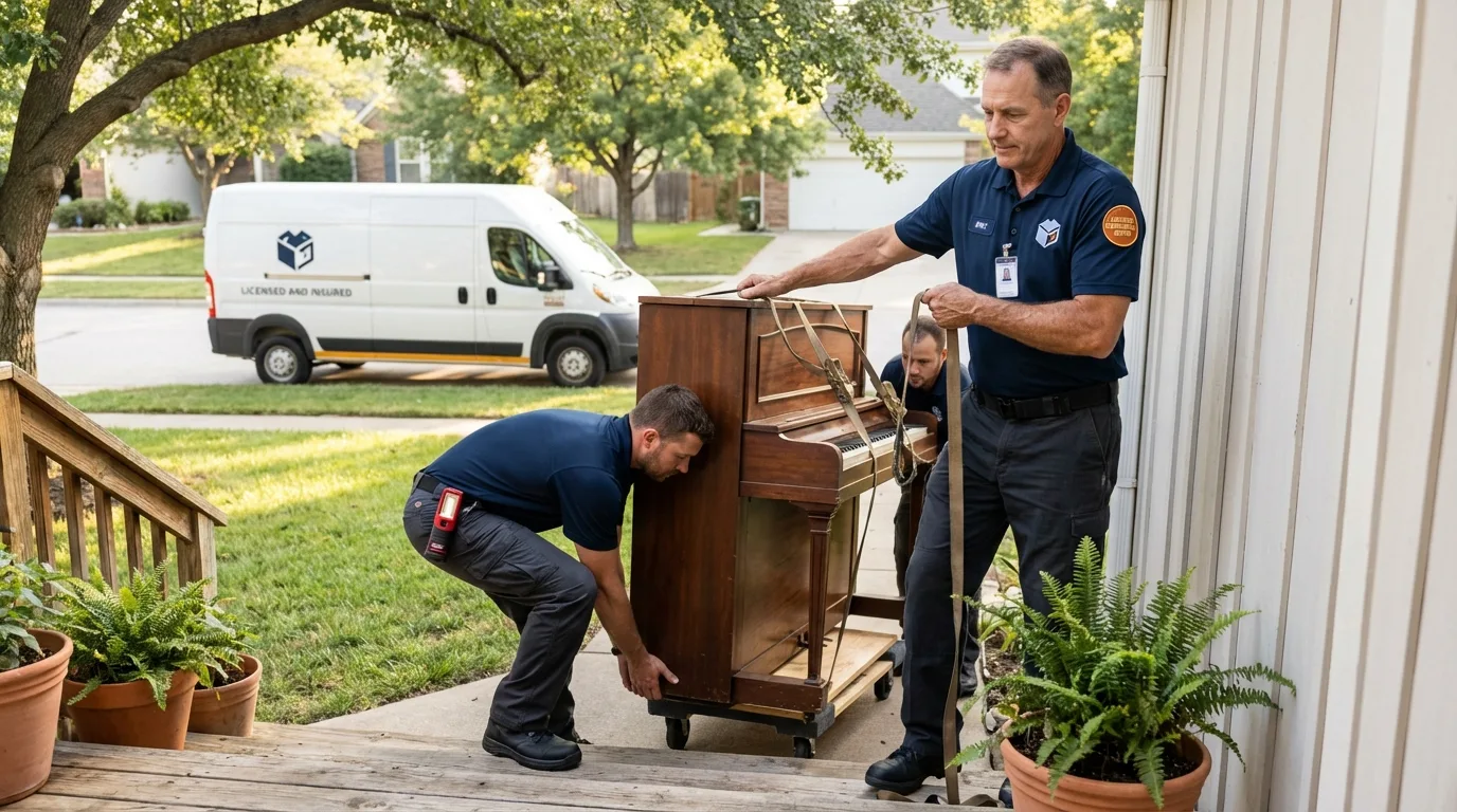 Licensed piano movers securing grand piano in Bridgeview, IL